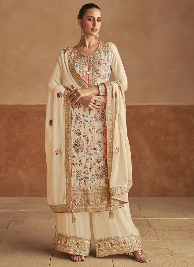 Real Chinnon Cream Wedding Wear Embroidery Work Readymade Plazzo Suit